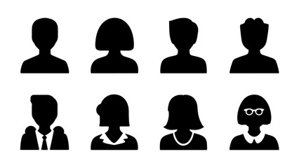 Male and female head silhouettes avatar set. Vector illustration black person portrait head. Anonymous face profile and group icon isolated on white background