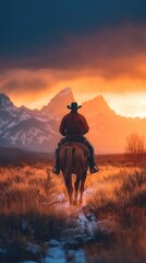 Obraz premium A cowboy on a horse galloping across a wide plain at sunset, with mountains looming in the distance........