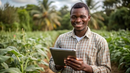 Obraz premium Young African Male Farmer Working on Healthy Agriculture Development Strategy on His Digital Tablet
