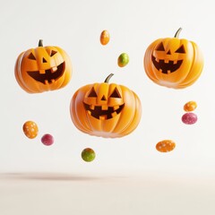 Three pumpkins jumping happily without arms and legs on white background