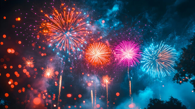 Colorful fireworks illuminate the night sky over a festive gathering in a local park during summer