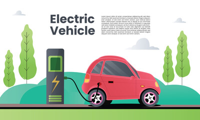 Electric car charging with trees and grass and clouds in the background. Flat design illustration
