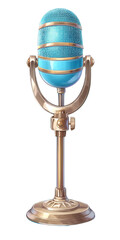 A vintage blue microphone on a sleek stand, perfect for retro music and broadcasting themes.