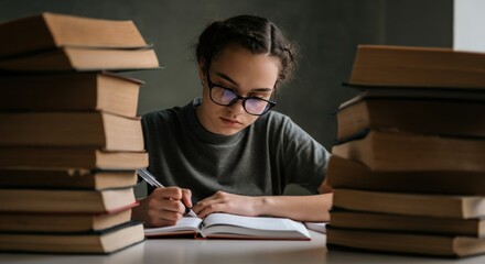 Student Concentrating on Writing in Notebook Surrounded by Books