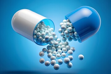 A close-up of an open blue and white pill capsule with small spherical particles spilling out. The image represents pharmaceutical medication or supplements in a clean, clinical setting.