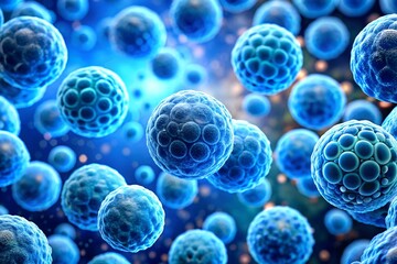 A detailed microscopic view of blue spherical cells, representing life, biology, and medical research in areas such as microbiology, immunology, or disease study.