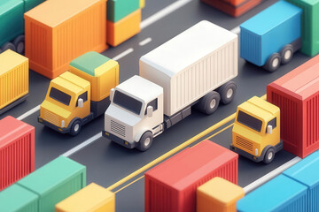 Delivery trucks navigate through colorful container yard, showcasing busy logistics scene. vibrant colors and playful design create lively atmosphere