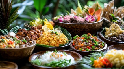 Traditional Hawaiian feast with a variety of local dishes and cultural decorations