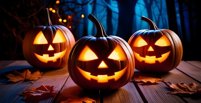 Jack o lantern on dark eerie background. minimal halloween banner, background with copy space