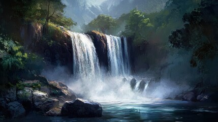 Majestic Waterfall Plunging into a Serene Forest Pool