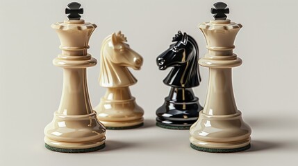 White and black chess pieces, queen and knight on a white background.