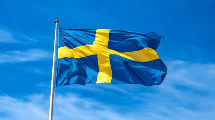 Swedish flag waving against a clear blue sky on a sunny day