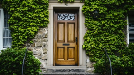 A wooden door with a glass panel is surrounded by lush green ivy on a stone wall.