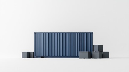 Obraz premium Blue Shipping Container With Dark Grey Boxes On White Ground 3D Illustration On Pure White Background