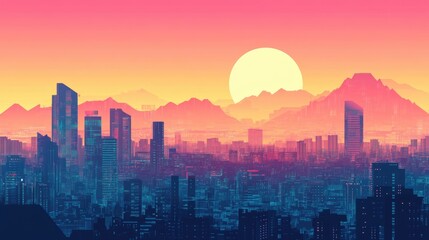 Fototapeta premium Retro Wave Cyberpunk Cityscape With Mountains Vintage Abstract Digital Landscape Featuring Horizon Ai Generated