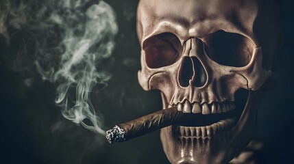 A skull smokes a cigar with wisps of smoke curling around it.