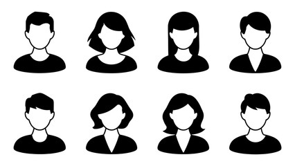 Male and female head silhouettes avatar set. Vector illustration black person portrait head. Anonymous face profile and group icon isolated on white background
