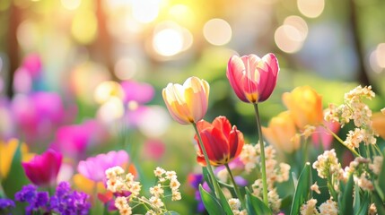 Colorful Spring Flowers in Bloom with a Soft, Glowing Bokeh Background, Perfect for Floral and Nature-Related Content. The Vibrant Display Highlights Bright Colors and Fresh Blooms, Ideal for Seasonal