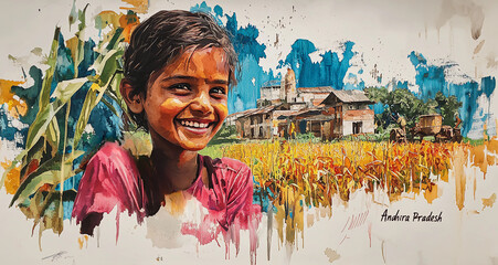 Graffiti image of a youth from "Andhra Pradesh", an Indian state on a colorful backwall of city streets, Concept of promoting Indian States and Indian youth with modern art	