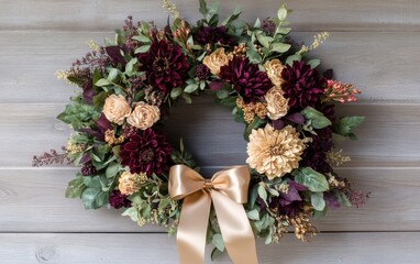 Sophisticated fall wreath featuring deep burgundy and gold flowers with elegant accents for a chic entrance decor