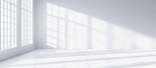 Fototapeta premium 3D Rendering Of A White Empty Studio Room With Large Windows For Background Or Product Placement In Photography And Book Covers With Ample Copy Space