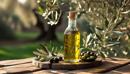 Rustic setting with olive oil and fresh olives on a wooden table amidst a serene garden backdrop