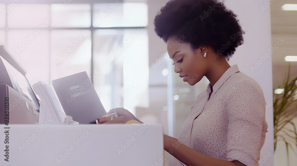 Canvas Prints A young woman in a pink shirt works at a desk.