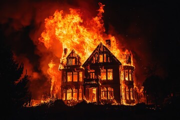 Flames engulf a large two-story house at night, creating a dramatic scene filled with urgency and danger........