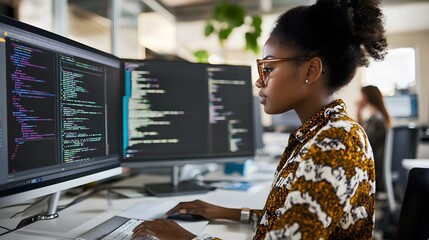A woman in glasses focuses on her computer screen as she codes.