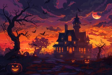 Haunted Castle at Dusk Surrounded by Glowing Pumpkins..
