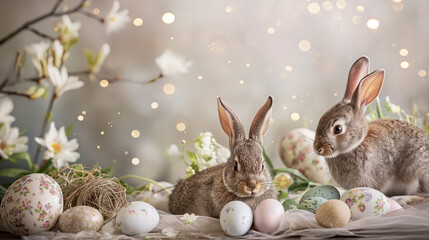 A group of baby bunnies sitting in a nest, surrounded by painted Easter eggs. The background is a cozy and warm woodland scene with soft light filtering through the trees. 