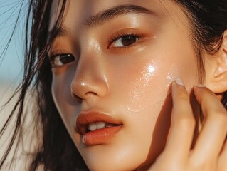 Close up of a young Asian woman cosmetic serum