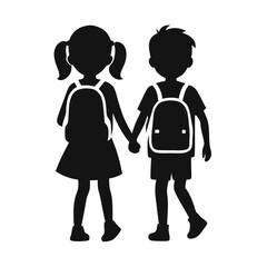 Fototapeta premium two Happy siblings Children with backpacks going to the school, vector silhouette 
