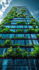 Green plants adorn the exterior of a high-rise glass office building, creating a harmonious blend of nature and modern architecture........