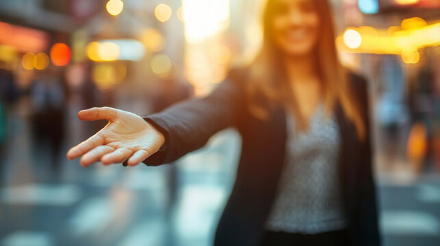 A professional HR recruiter reaches out with an inviting handshake, symbolizing new opportunities, trust, and a welcoming work environment. The background is blurred, emphasizing the gesture of connec - Powered by Adobe