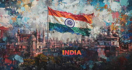 Obraz premium Graffiti image of Indian flag and monumental buildings on a colorful backwall of city streets with 