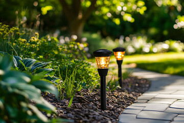 Garden pathway illuminated by solar lights during a sunny afternoon in a vibrant landscape