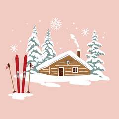 Hand drawn vector snowy woodhouse and ski equipment. Perfect for greeting card, poster, invitation or clip art. EPS 10 vector file.