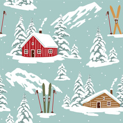 Seamless vector pattern with snowy woodhouse and ski equipment. Hand drawn winter forest landscape. EPS 10 vector file. Perfect for textile, wallpaper or print design.