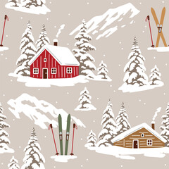 Seamless vector pattern with snowy woodhouse and ski equipment. Hand drawn winter forest landscape. EPS 10 vector file. Perfect for textile, wallpaper or print design.