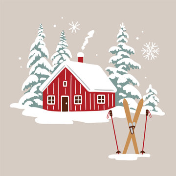 red cabin snowy scene with skis clip art preview