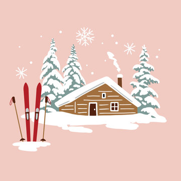 red skis cabin snow scene clip art preview