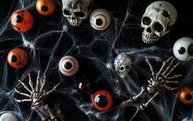 Spooky Halloween flat lay with faux spiderwebs, plastic eyeballs, and mini skeletons on a black velvet backdrop