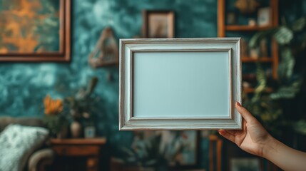 A hand holding a wooden picture frame in front of a blurred background with a green plant