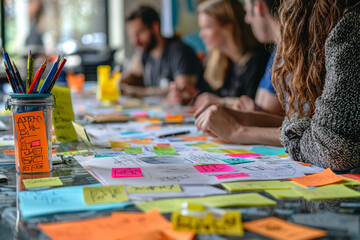Fototapeta premium Brainstorming session with group of people collaborating around table filled with colorful sticky notes and sketches. atmosphere is creative and focused, showcasing teamwork and innovation