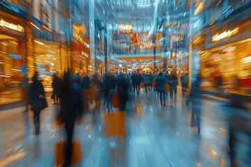Naklejka premium Motion blur of shoppers carrying bags in a bustling mall, emphasizing the retail sale and discount atmosphere........