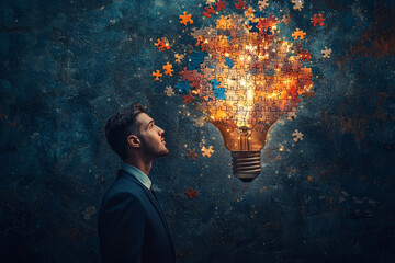 A man in suit gazes upward at lightbulb made of colorful puzzle pieces, symbolizing creativity and inspiration. vibrant pieces float above him, illuminating dark background with warm glow