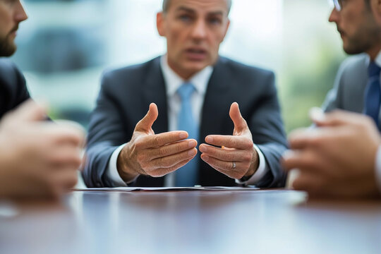 A mediator presenting solution during negotiation, showcasing engaged participants in professional setting. atmosphere reflects focus and collaboration