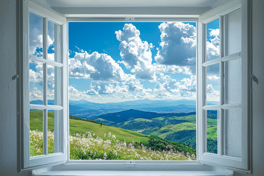Fototapeta A serene view from an open window reveals breathtaking landscape with rolling hills and vibrant clouds. gentle breeze brings sense of tranquility and connection to nature
