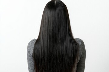 Fototapeta premium A rearview shot of a young woman with long, silky dark hair, set against a white isolated background........